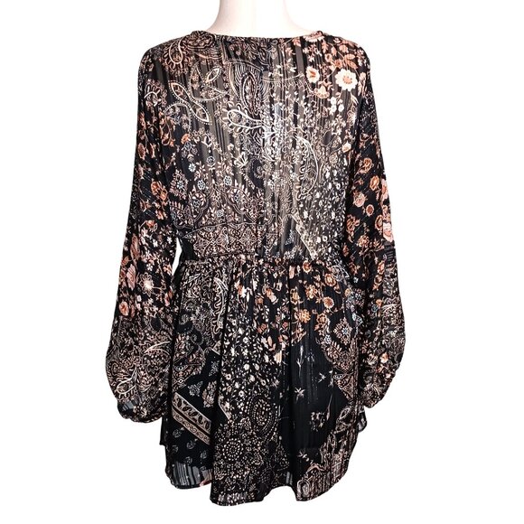 NEW Metallic Paisley‎ Plunging V-Neck Mini Dress, Black Multi, M, Bohemian Style - Picture 5 of 15